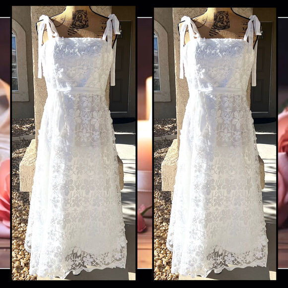 Lulus Striking Perfection White Embroidered Sequins Tie-Strap Midi Dress Size: L - Picture 6 of 14